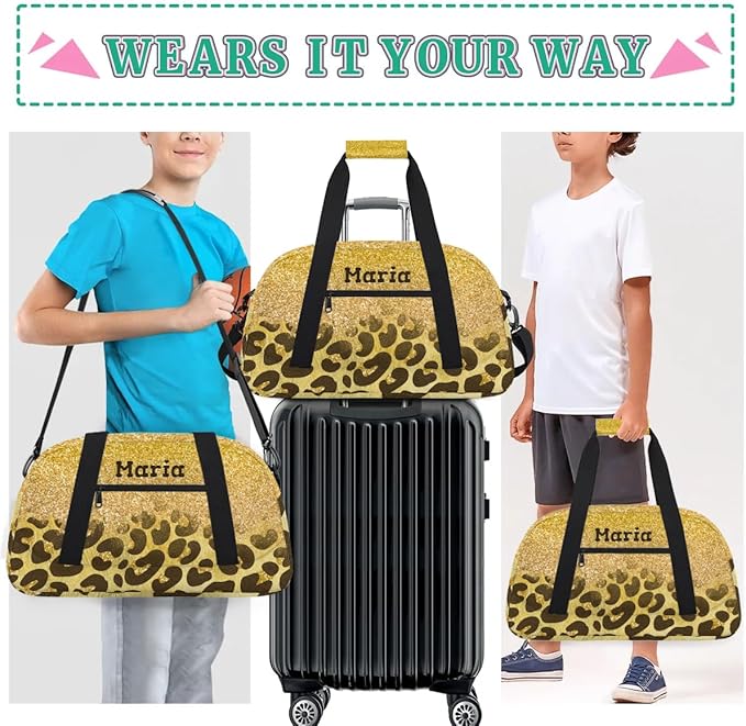 Personalized Kids Sports Duffel Bag with Name Custom Weekender Overnight Bag for Boys Girls Gym Bag Travel Dance Gymnastics Duffel Bag, Golden Glitter Leopard Print