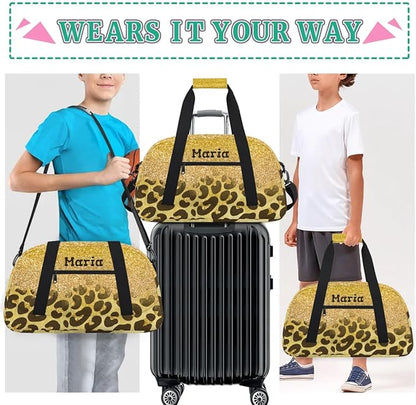 Personalized Kids Sports Duffel Bag with Name Custom Weekender Overnight Bag for Boys Girls Gym Bag Travel Dance Gymnastics Duffel Bag, Golden Glitter Leopard Print