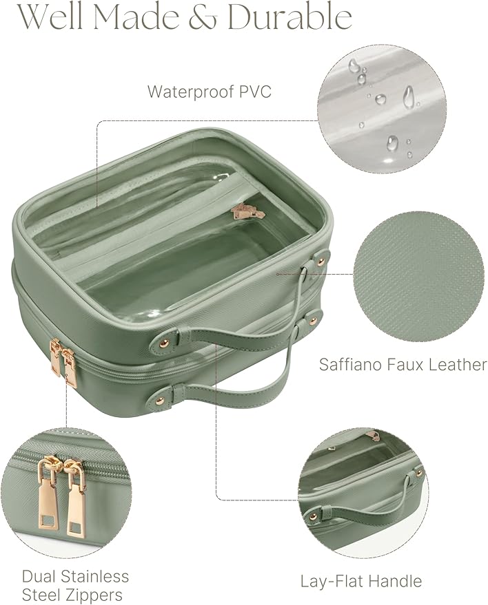 Clear Cosmetic Bag Double Layer Travel Toiletry Bag Clear Makeup Bag Case with 4 Compartments, Transparent Travel Bag for Toiletries, Large Toiletry Bag for Women Cosmetic Case (Sage Green, Large)