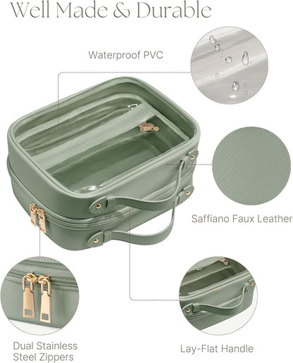 Clear Cosmetic Bag Double Layer Travel Toiletry Bag Clear Makeup Bag Case with 4 Compartments, Transparent Travel Bag for Toiletries, Large Toiletry Bag for Women Cosmetic Case (Sage Green, Large)