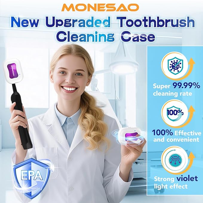MONESAO Toothbrush Sanitizer Case, Portable Mini Toothbrush Covers with Holder, Rechargeable Travel Home Toothbrush And Holder, Cleaner Case for All Electric & Manual Toothbrushes (White)
