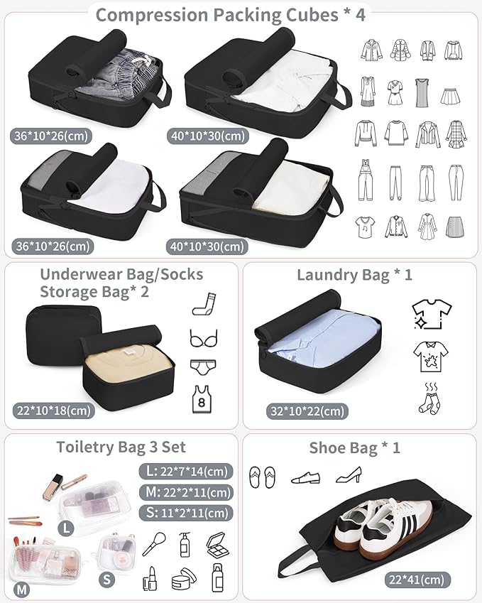 Compression Packing Cubes 11 Set - Expandable Suitcase Organizers, Luggage Bags for Travel Essentials - Black