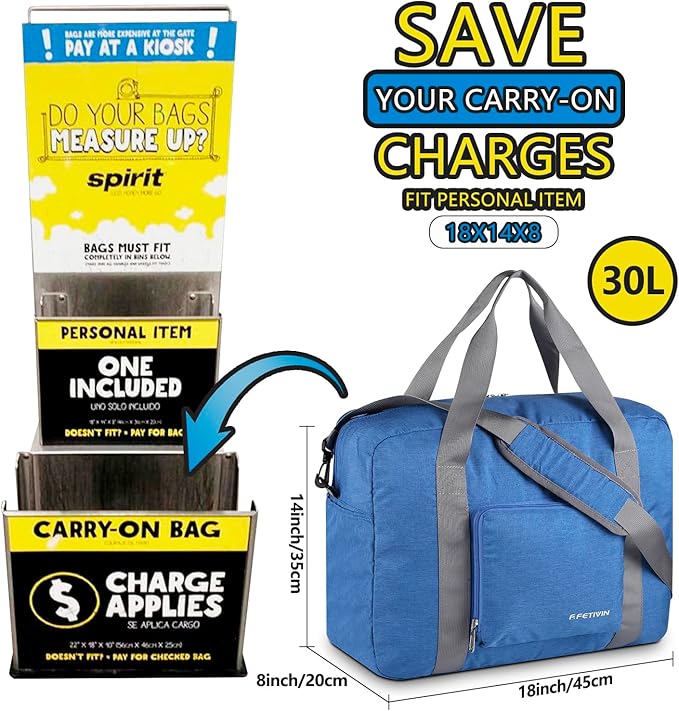 For Spirit Airlines Personal Item Bag 18x14x8 Foldable Travel Duffel Bag Underseat Carry-on Luggage for Women and men 30L(Blue)