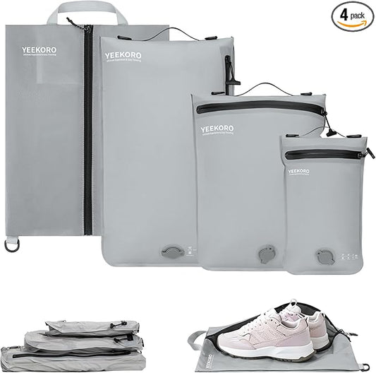 4 Set Vacuum Bags for Travel, Professional Reusable Organizer Bag with IPX8 Waterproof Zipper, Compression Bag for Suitcases, Durable Seal Space Saver Bags -Traveling Essentials (Grey,No Pump)