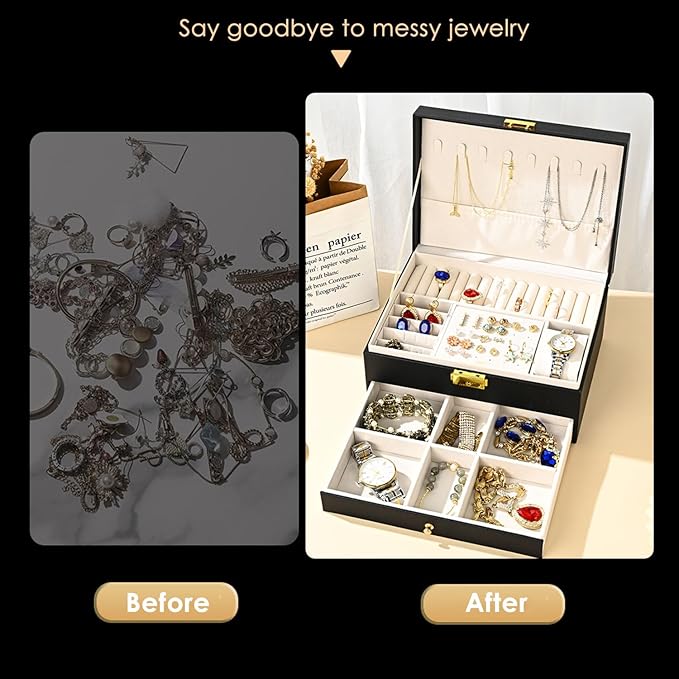 GUOER Jewelry Box for Women Girl Wife - Large PU Leather Jewelry Organizer Storage Case with Two Layers Display for Earrings Bracelets Rings Watches (Champagne)