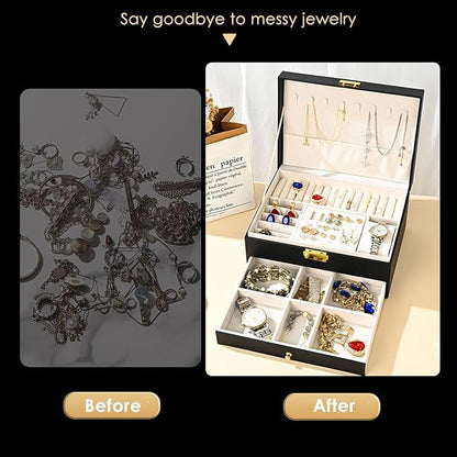 GUOER Jewelry Box for Women Girl Wife - Large PU Leather Jewelry Organizer Storage Case with Two Layers Display for Earrings Bracelets Rings Watches (Champagne)