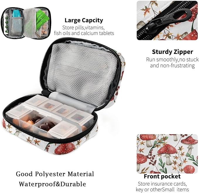 Fustylead Travel Pill Organizer Case Zipper for Purse with Removable Weekly Pill Box for Medicine, Vitamin, Supplement Medicine Organizer (Amanita Mushroom)