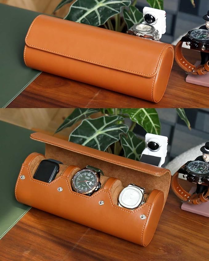 Leather Watch Case - Variable Size Watch Pillow Design, Organizer Box with Faux Suede Lining for Men & Women, Brown, 3 Slot Design