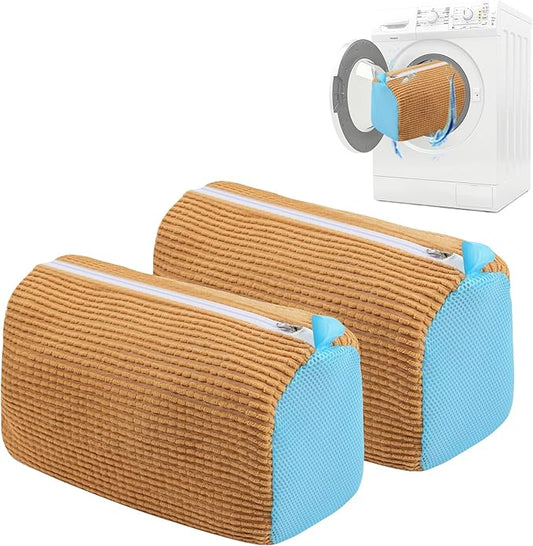 2 Pcs Shoe Washing Machine Bag Sneaker Laundry Bags For washers, Cleaned 360° Mesh Pouch Reusable & Durable Laundry Shoe Bag Side Zipper, Suitable for Washing Machine and Dryer(Light Brown)