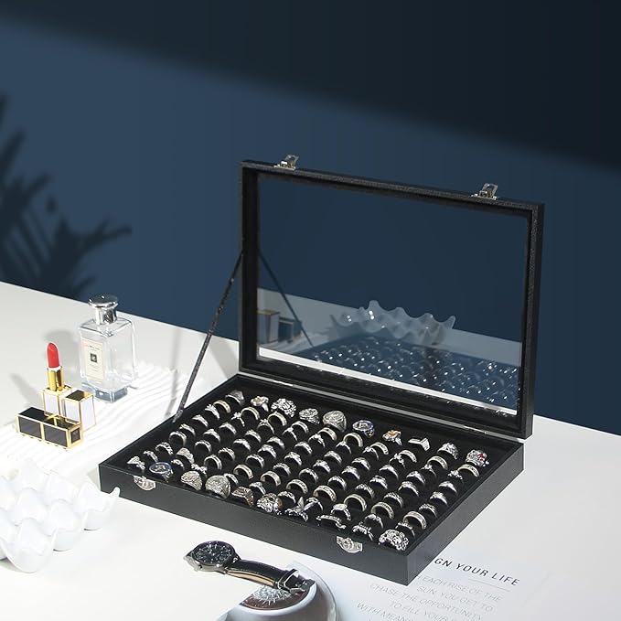 Coward Ring Organizer Jewelry Box, Black Velvet 100 Slots Ring Display Tray Case with Transparent Glass Lid for Home Use or Store Selling Show