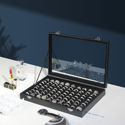 Coward Ring Organizer Jewelry Box, Black Velvet 100 Slots Ring Display Tray Case with Transparent Glass Lid for Home Use or Store Selling Show