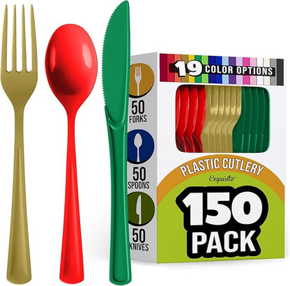 Party Solids Christmas Plastic Silverware Heavy Duty 150 Pieces Christmas Plastic Cutlery Sets, Utensil Sets, 50 Of Each Forks, Knives & Spoons Disposable Cutlery Set, Flatware Set For Party Supplies