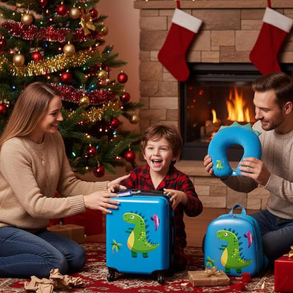 Sanwuta 4 Pcs Kids Luggage Set Backpack Travel Rolling Suitcase U-shape Pillow Christmas Children Gift for Girls Boys(17 Inch,Dinosaur Style,Blue)