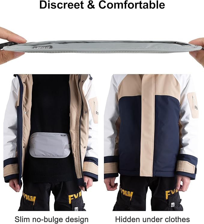 RFID Blocking Money Belt - Slim Under Cloth Passport Holder & Travel Wallet | Secure Hidden Fanny Pack for Men Women (Grey-L)