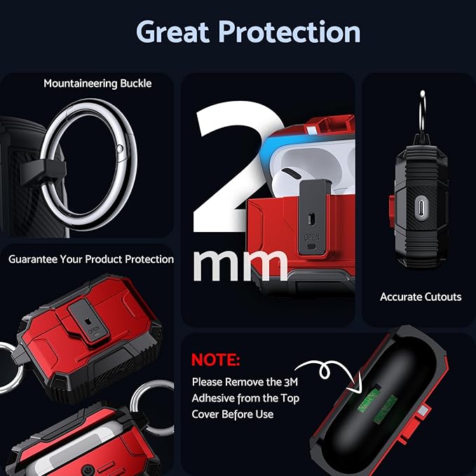 DASFOND Armor Earphone Cover Case for Airpods Pro 2, Military Grade Full Body Shockproof Protection Hard Case, Support Wireless Charging with Keychain, Magnetic Lid, Front LED Visible, Red