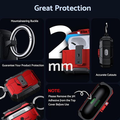 DASFOND Armor Earphone Cover Case for Airpods Pro 2, Military Grade Full Body Shockproof Protection Hard Case, Support Wireless Charging with Keychain, Magnetic Lid, Front LED Visible, Red