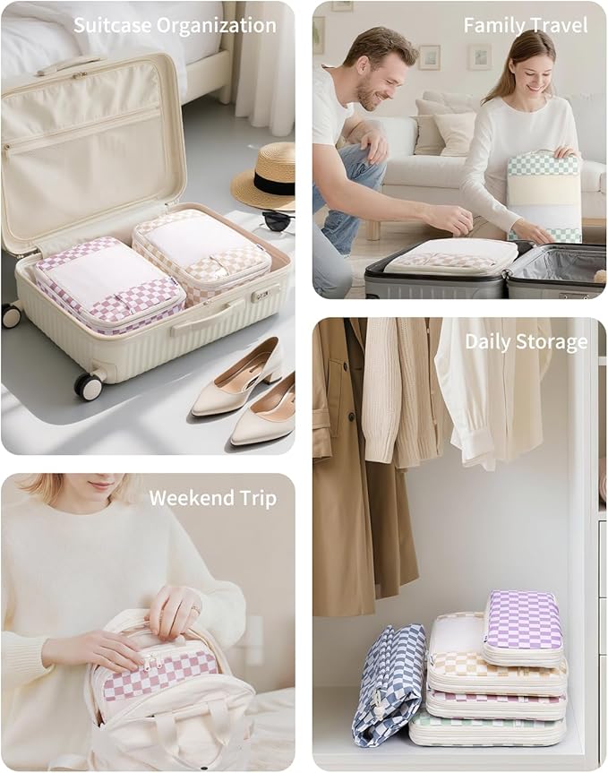 Narwey 5 Set Compression Packing Cubes for Travel, Luggage Packing Organizer Bags for Carry on Suitcase, Expandable Checkered Storage Bags with Laundry & Handle (Dusty Pink Checkerboard)