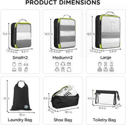 Cipway Compression Packing Cubes Mesh, Lightweight Luggage Organizer Bags with Laundry Bag, Toiletries Bag and Shoe Bag, Travel Essentials for Carry on Suitcase（8 Pcs,Black）