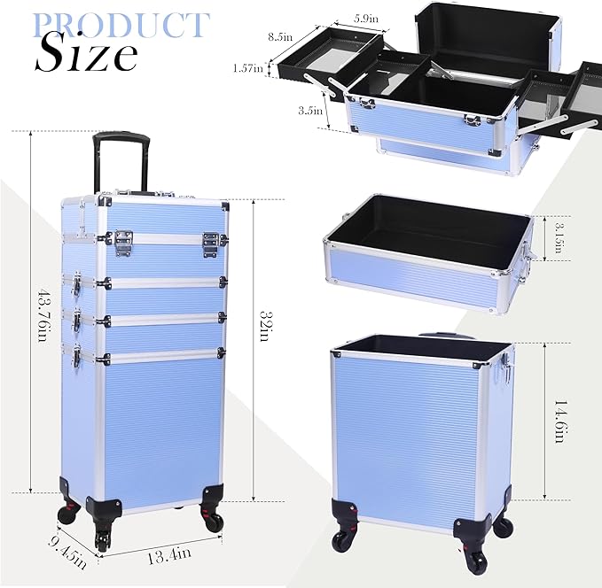 5 in 1 Professional Makeup Train Case Aluminum Cosmetic Case Rolling Makeup Case ExtraLarge Storage Organizer with Key Swivel Wheels Salon Barber Case for Make Up Nail Hairstylists, Blue