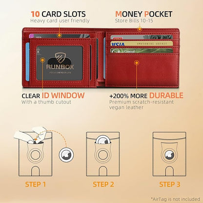 RUNBOX AirTag-Wallet-Mens-Slim-RFID Blocking Wallets Leather with Bill Compartment Air Tag Bifold Card Holder Wallet Gifts for Men Dad