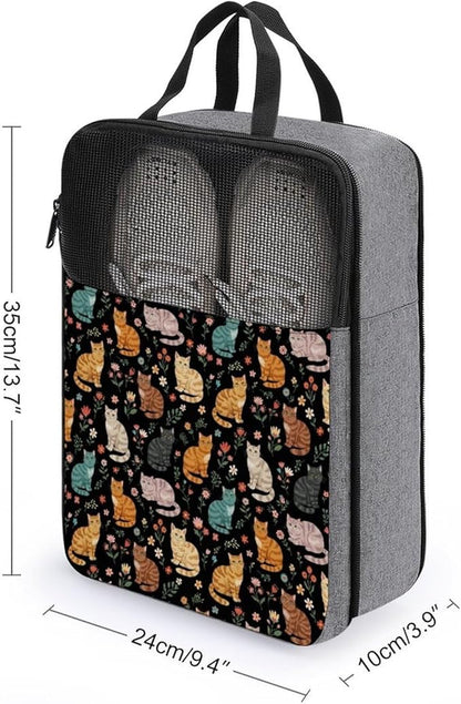 Travel Shoe Organizer with Zipper Closure Portable Shoe Packing Storage Bag Sport Sneaker Bags (Cats And Flowers)