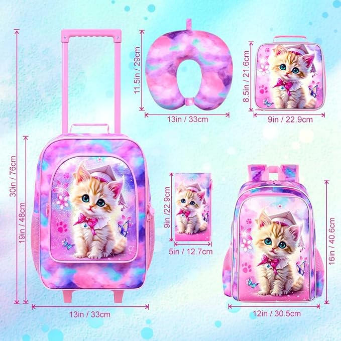 AGSDON 5 Piece Kids Luggage Set for Girls, Cute Rolling Wheels Suitcase for Toddler, Children Travel Carry on Suitcase -Cat