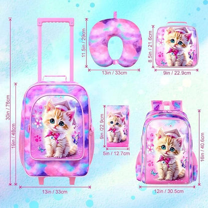 AGSDON 5 Piece Kids Luggage Set for Girls, Cute Rolling Wheels Suitcase for Toddler, Children Travel Carry on Suitcase -Cat