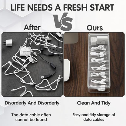 2 Pack Plastic Cord Organizer Box with 20 Wire Ties, Electronics Accessories Storage Case, Clear Cell Phone Cord Storage Organizer with 8 Compartments for Home Office Desk Organizers