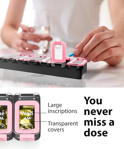 Weekly Pill Organizer 1 time a Day – Pill Box 7 Day with Enhanced Waterproof Seal, Large compartments Hold Big Vitamins & Supplements, Upgraded Locking lids, for Home & Travel use, Durable Hard case