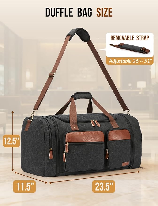 Canvas Duffle Bag for Travel 65L Expandable Travel Duffel Bags for Men Women Overnight Weekend Gym Bag with Shoes Compartment - Dark Grey(65L)