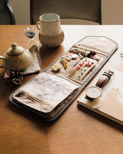 BAGSMART Travel Jewelry Organizer Case Foldable Jewelry Roll for Journey Rings, Necklaces, Earrings, Bracelets,Mini,Warm Gray