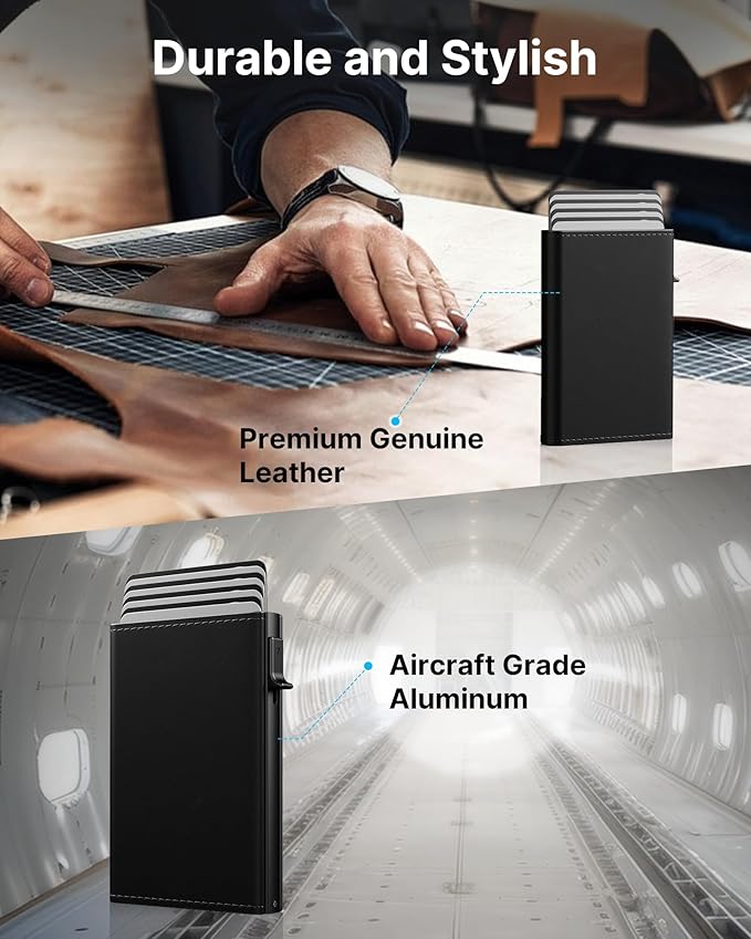 typecase Mens Wallet Card Holder: Pop Up Aluminum Case, Genuine Leather, Smart, RFID Blocking, Slim, Minimalist, Front Pocket - 9-14 Card Capacity | ID Window | Cash Slot (Deep Black)