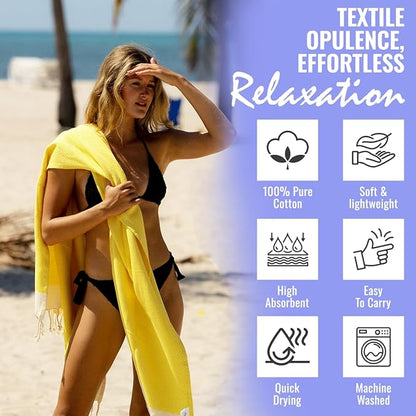 Beach Towel 100% Cotton Turkish Beach Towel Adult 38x70 Inch Pre-washed Absorbent Extra Large|Sand Free Quick Dry BathTowels|Lightweight Blanket|Travel Cruise Camping Spa Gym Yoga Sports Towel|Yellow