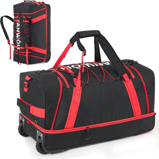 Fanwoli 85L 100L Large Rolling Duffle Bag with Shoes Compartment, 30’’ Expandable & Foldable Heavy Duty Water Resistant Travel Backpack, Convertible Foldable Duffel for Gym Camping Weekender