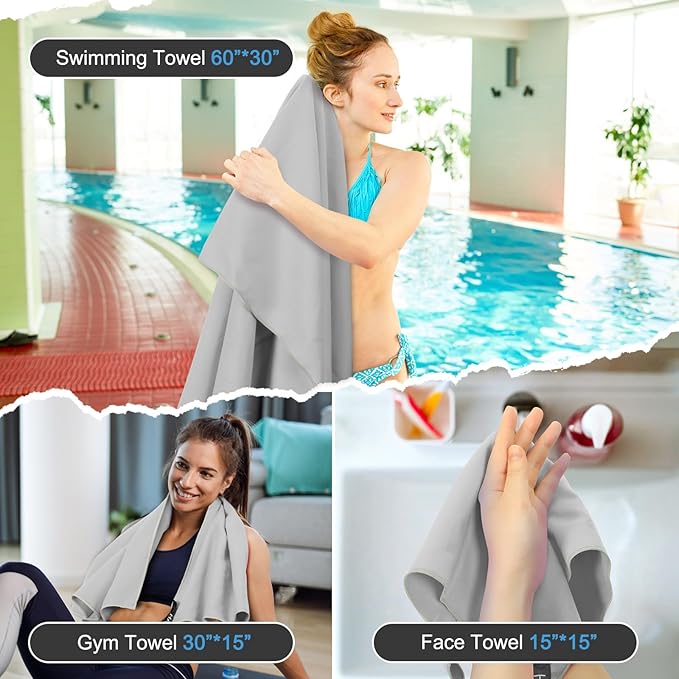 Quick Dry Travel Towel, 3 Sizes 1 Pack Camping Microfiber Towel, Lightweight Fast Drying Towels Set 60"x30", 30"x15", 15"x15" w/Bag for Gym, Beach, Hiking, Swimming, Grey