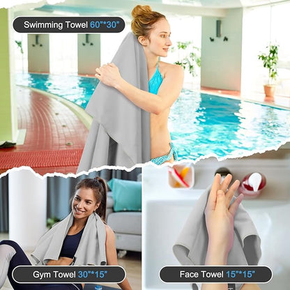 Quick Dry Travel Towel, 3 Sizes 1 Pack Camping Microfiber Towel, Lightweight Fast Drying Towels Set 60"x30", 30"x15", 15"x15" w/Bag for Gym, Beach, Hiking, Swimming, Grey