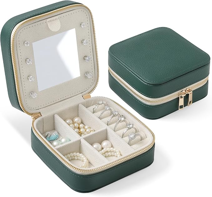 Genuine Leather Travel Jewelry Organizer Case with Mirror for Women, Small Mini Portable Jewelry Box for Ring Earrings Necklace Bracelet Luxury Gift for Women（Dark Green）