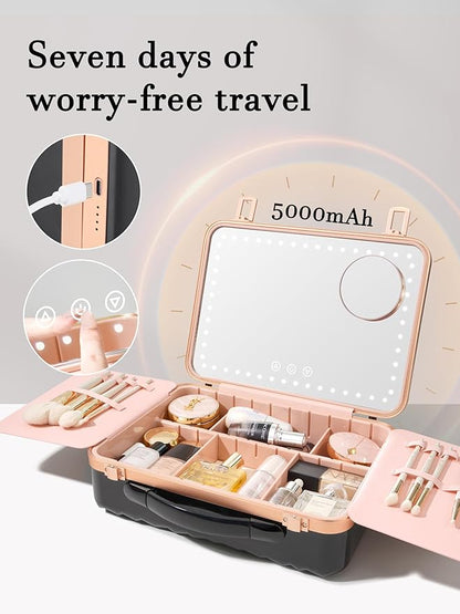 ROWNYEON Travel Makeup Case With Light Up Mirror Removable divider Portable Train Case Organizer Makeup Box for Girls Makeup Artist, Hairstylist Travel Makeup Case with 10x Mirror (Black)