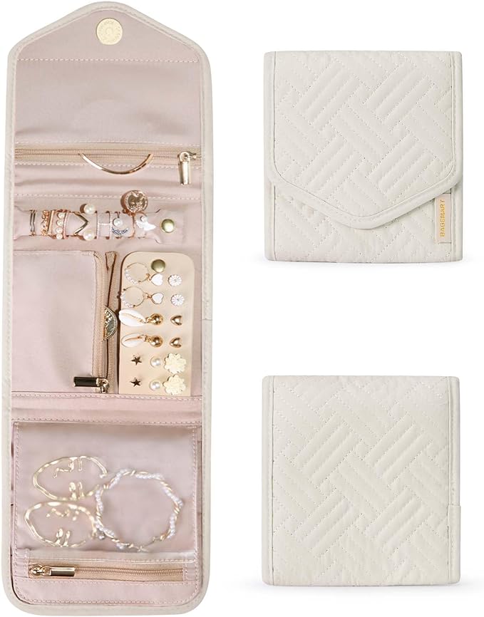 BAGSMART Travel Jewelry Organizer Case Foldable Jewelry Roll for Journey Rings, Necklaces, Earrings, Bracelets,Mini,Beige