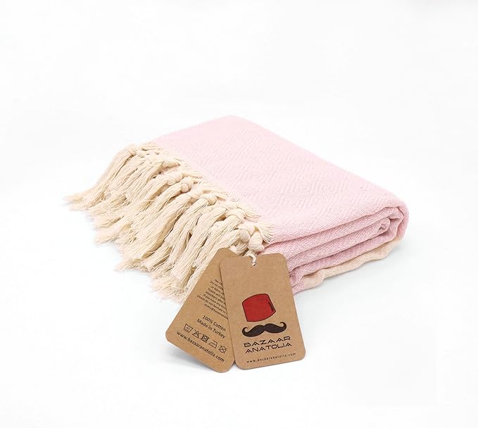 Bazaar Anatolia Turkish Beach Towel – 100% Cotton, Quick Dry, Sand Free Towel for Bathroom, Camping, Travel – Oversized 71x39 Inches – Diamond Pink
