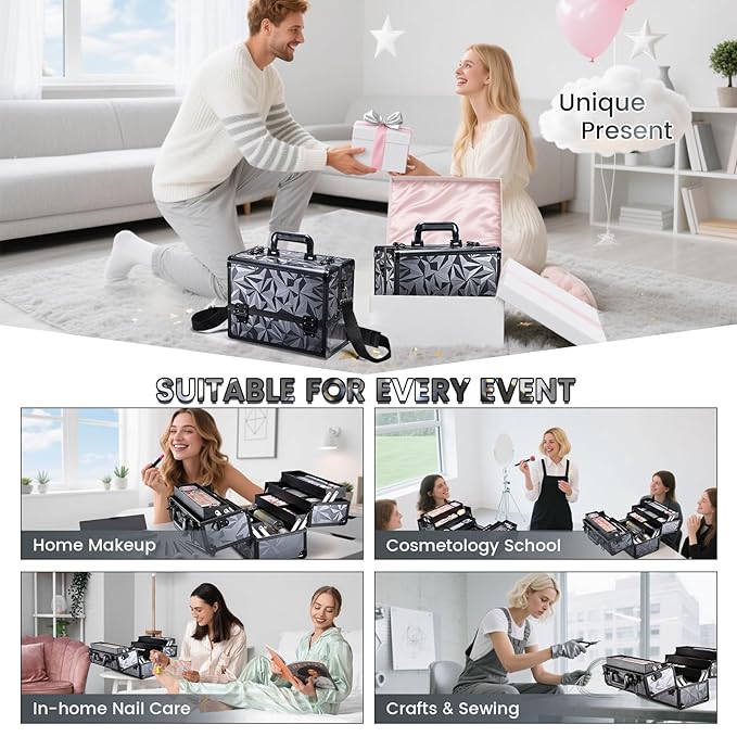 FRENESSA Makeup Case Extra Large Makeup Train Case 12.6 Inch Makeup Box Organizer Profressional Make Up Cases Storage Cosmetic Artist Travel Case with Divider Shoulder Strap Hard Vanity Dark Black