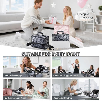 FRENESSA Makeup Case Extra Large Makeup Train Case 12.6 Inch Makeup Box Organizer Profressional Make Up Cases Storage Cosmetic Artist Travel Case with Divider Shoulder Strap Hard Vanity Dark Black