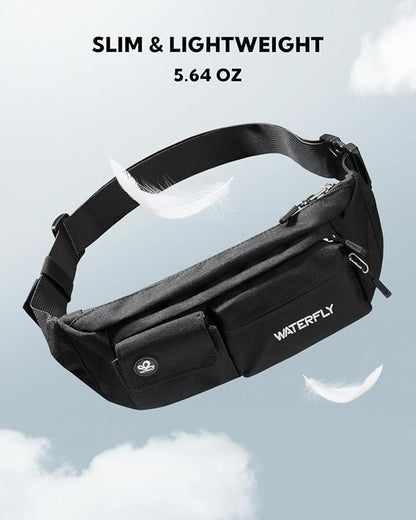 WATERFLY Small Crossbody Fanny Pack: 5 Pocket Slim Lightweight Waist Belt Hip Bag for Women Men Water Resistant Chest Pouch for Travel Hiking Running Walking Fit All Phones - Black