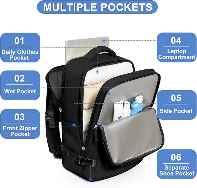 Large Travel Backpack For Women Airline Approved Carry On Waterproof Sports Luggage Casual Daypack Small Hiking Backpack Black