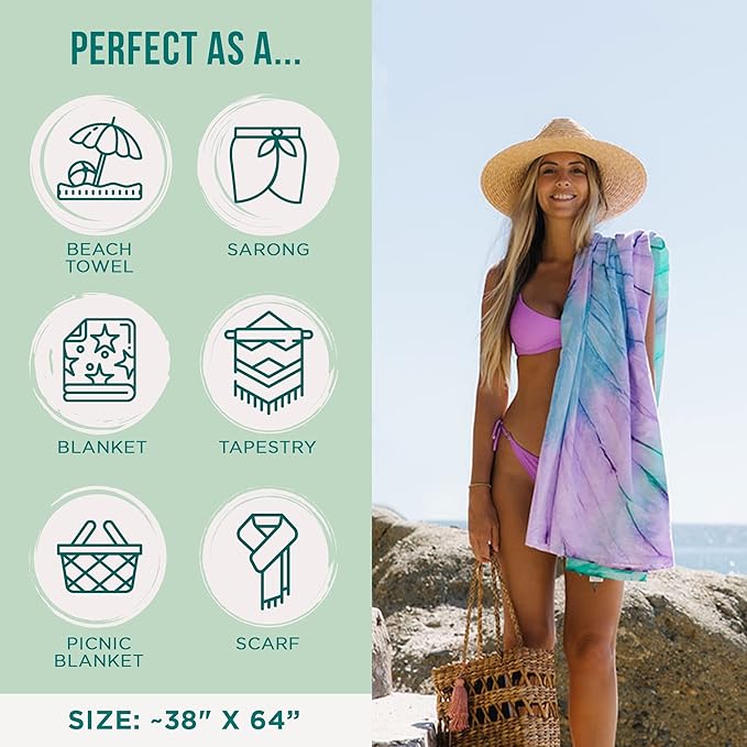 Sand Cloud Turkish Beach Towel - Sand Free - 100% Organic Turkish Cotton Yarn - Quick Dry Towel for Beach, Picnic Blanket or Throw - As Seen on Shark Tank - Tie Dye (Luna)