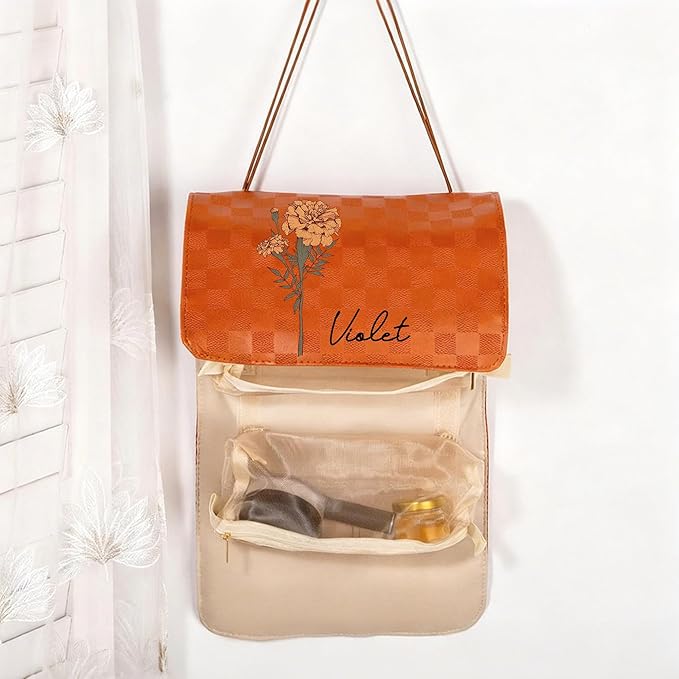 callie Personalized Makeup Bag - Custom Name & Birth Flower, Leather Cosmetic Organizer Make Up Bag, Birthday Christmas Travel Gifts for Women