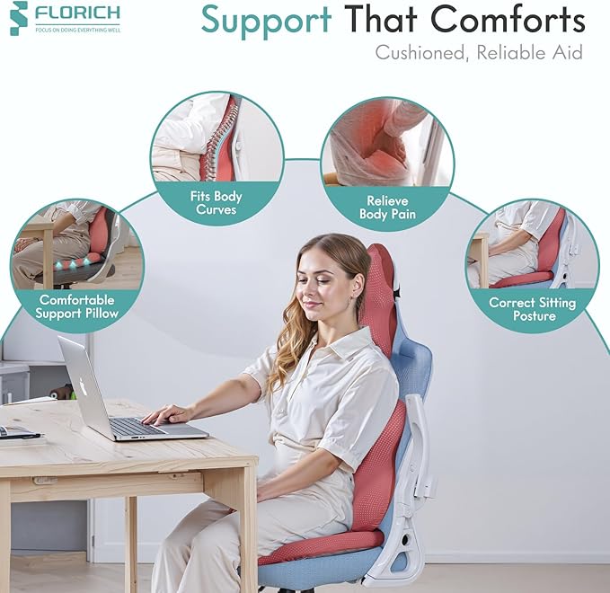 FLORICH Car Seat Cushion and Lumbar Support Pillow for Office Chair Car, Neck Headrest Pillow, Ergonomic Memory Foam, Pressure-Relieving Back Support for Car, Office Chair & Wheelchair – Red