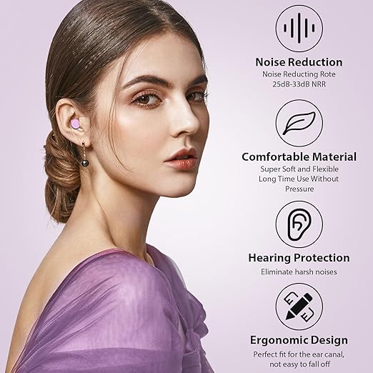 Ear Plugs for Sleeping Noise Cancelling, Reusable Soft Noise Reduction Earplugs for Sleep, Focus, Work, Motorcycle, Concert with 6 Silicone Ear Tips and 6 Foam Ear Tips - 25-35dB Purple
