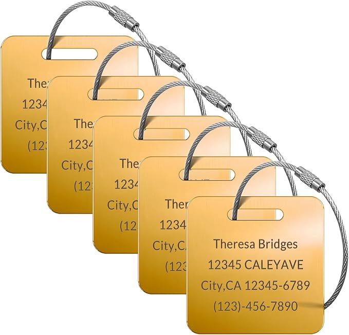 (5pcs) Made in USA Personalized Engraved Luggage tag-Custom Luggage Metal Tags for Unique Suitcase & Backpack Travel, Durable, Waterproof & Heavy Duty ((2×2) Gloden)