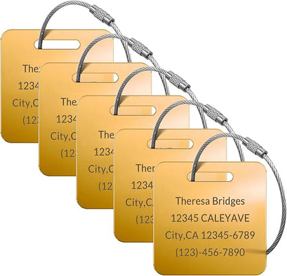 (5pcs) Made in USA Personalized Engraved Luggage tag-Custom Luggage Metal Tags for Unique Suitcase & Backpack Travel, Durable, Waterproof & Heavy Duty ((2×2) Gloden)